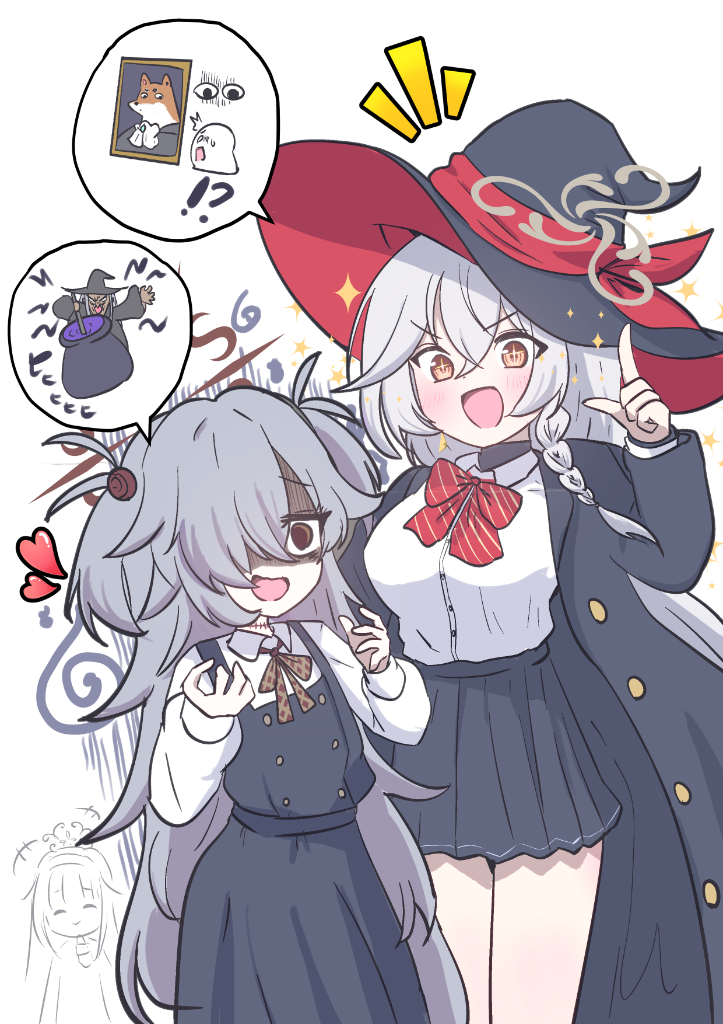 giorgio (yo sumire sola1), eri (blue archive), kanoe (blue archive), blue archive, commentary request, 3girls, :d, bags under eyes, black coat, black dress, black skirt, breasts, brown eyes, brown halo, coat, dress, flat chest, grey hair, grey halo, hair over one eye, halo, hat, heart, large breasts, long hair, long sleeves, miniskirt, miyo (blue archive), multiple girls, notice lines, open mouth, pinafore dress, pleated skirt, puffy long sleeves, puffy sleeves, school uniform, shirt, simple background, skirt, sleeveless, sleeveless dress, smile, speech bubble, spoken object, v-shaped eyebrows, very long hair, wavy hair, white background, white shirt, witch hat