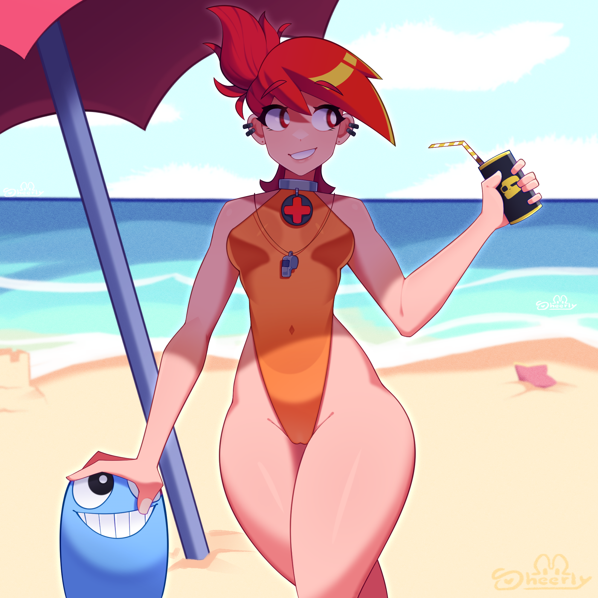 sheerly02 (sheerly), frankie foster, foster's home for imaginary friends, highres, 1girl, artist name, bare shoulders, beach, beach umbrella, blue sky, bodysuit, breasts, bright pupils, cloud, covered navel, cowboy shot, crossed legs, cup, day, disposable cup, drinking straw, earrings, grin, groin, highleg, highleg one-piece swimsuit, holding, holding cup, horizon, jewelry, looking to the side, medium breasts, ocean, one-piece swimsuit, outdoors, ponytail, red eyes, red hair, sand, short ponytail, sky, smile, standing, swimsuit, teeth, thick thighs, thighs, umbrella, whistle, whistle around neck, wide hips