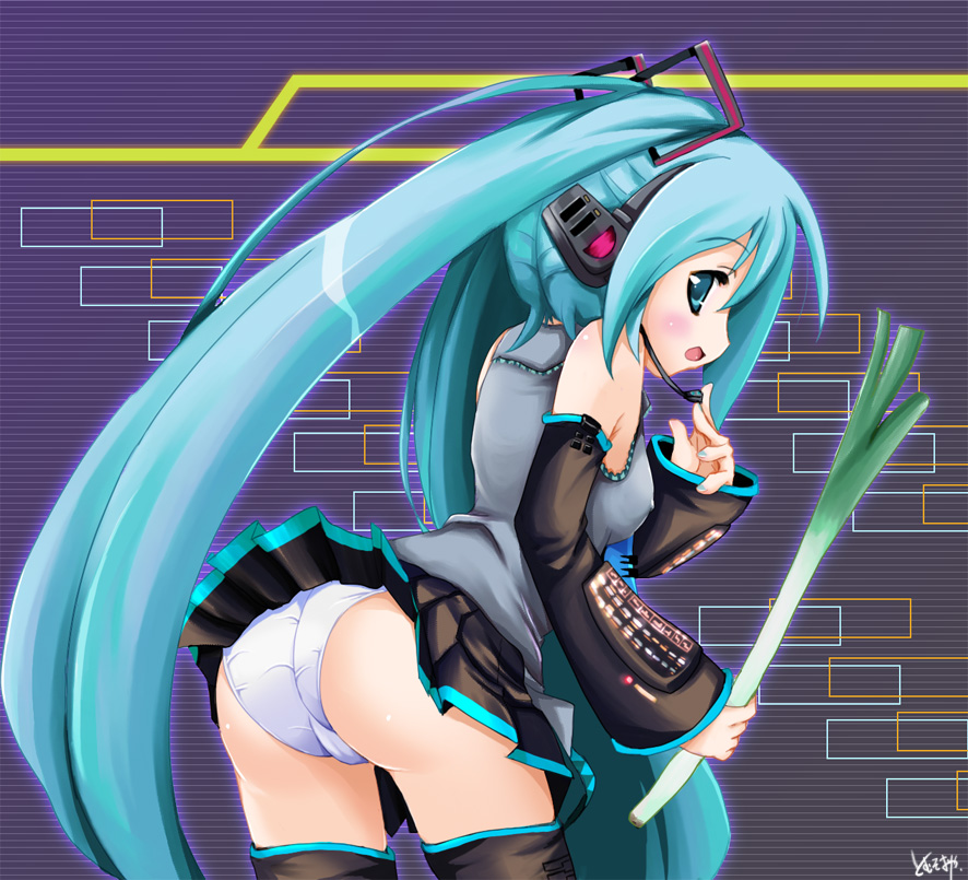 tomusooya, hatsune miku, vocaloid, 1girl, aqua hair, ass, black thighhighs, blouse, cameltoe, collared shirt, covered erect nipples, female focus, food, frilled shirt, frills, grey shirt, long hair, panties, shirt, sleeveless, sleeveless shirt, solo, spring onion, thighhighs, twintails, underwear, upskirt, vegetable, very long hair, wedgie, white panties