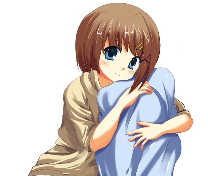 odaya, odayan, yagami hayate, lyrical nanoha, mahou shoujo lyrical nanoha, mahou shoujo lyrical nanoha strikers, 00s, 1girl, blue eyes, female focus, hair ornament, hugging object, looking at viewer, pajamas, pillow, pillow hug, smile, solo, x hair ornament
