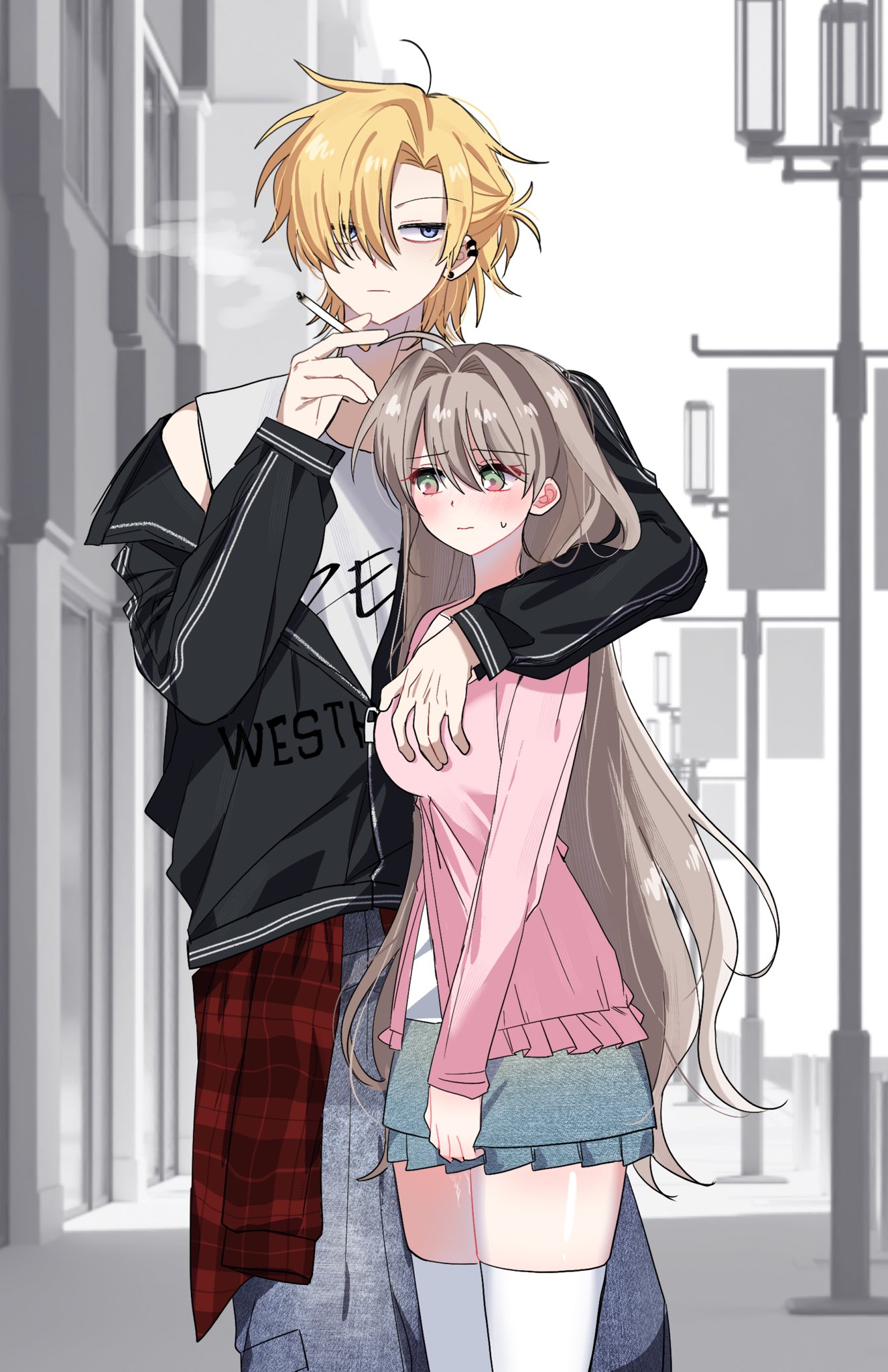 player character (degrees of lewdity), player character (female) (degrees of lewdity), whitney (degrees of lewdity), whitney (male) (degrees of lewdity), degrees of lewdity, highres, 1boy, 1girl, black jacket, blonde hair, blue eyes, breasts, cigarette, grey hair, grey pants, grey skirt, hair intakes, hair over one eye, holding, holding cigarette, jacket, large breasts, lilie (s2xllj), long hair, pants, pink shirt, s2xllj, shirt, skirt, sleeveless, sleeveless shirt, thighhighs, white shirt, white thighhighs