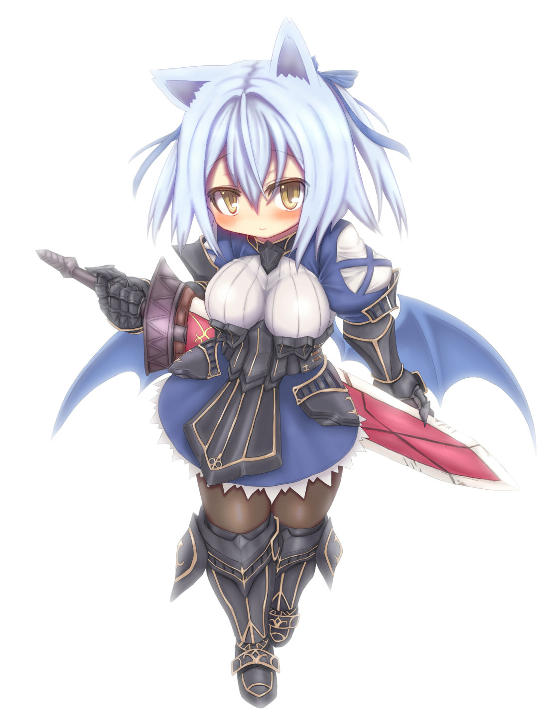 rafoll, emil chronicle online, highres, 1girl, alternate costume, animal ears, arm guards, armor, armored boots, armored dress, bat ears, bat girl, bat wings, black armor, blue dress, blue hair, blue ribbon, boots, breasts, delucky alma, dress, hair ribbon, holding, holding sword, holding weapon, large breasts, ribbon, solo, striped clothes, striped dress, sword, weapon, white background, white dress, wings