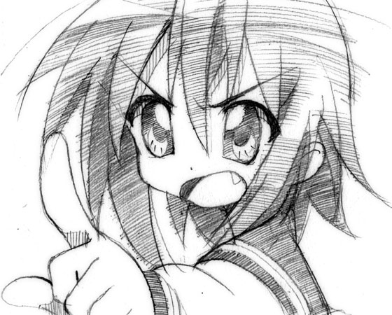 gofu, kusakabe misao, lucky star, traditional media, 00s, 1girl, fang, female focus, greyscale, monochrome, pointing, school uniform, serafuku, short hair, sketch, solo