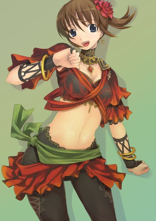 mikazuki akira!, final fantasy, final fantasy xi, original, 00s, 1girl, bangle, bracelet, breasts, brown hair, dancer, earrings, female focus, gradient background, green background, hume, jewelry, large breasts, lots of jewelry, midriff, navel, solo