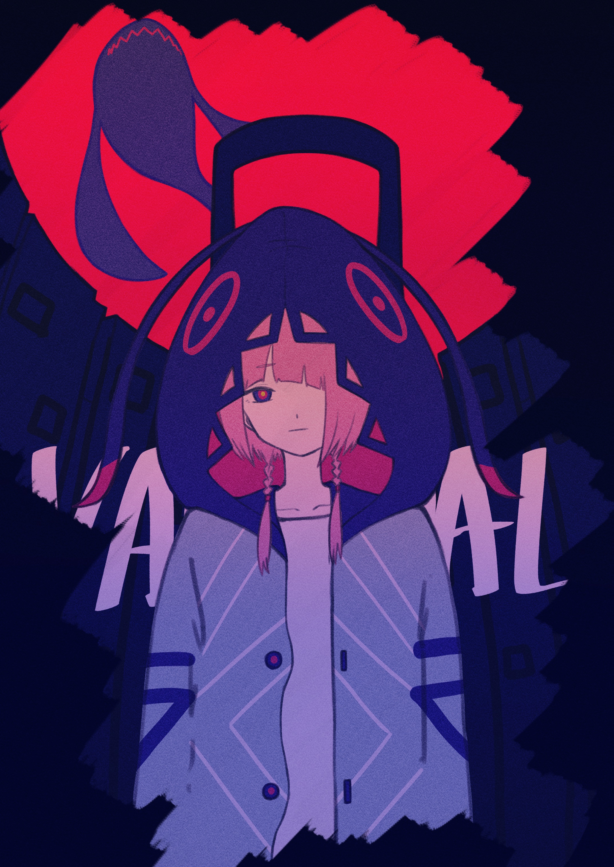 namayatsuwashi, kaf (kamitsubaki studio), laplace (kamitsubaki studio), kamitsubaki studio, absurdres, highres, 1girl, blue eyes, blue jacket, closed mouth, hood, hood up, jacket, long hair, looking at viewer, open clothes, open jacket, pink hair, shirt, solo, twintails, upper body, virtual youtuber, white shirt, yellow pupils
