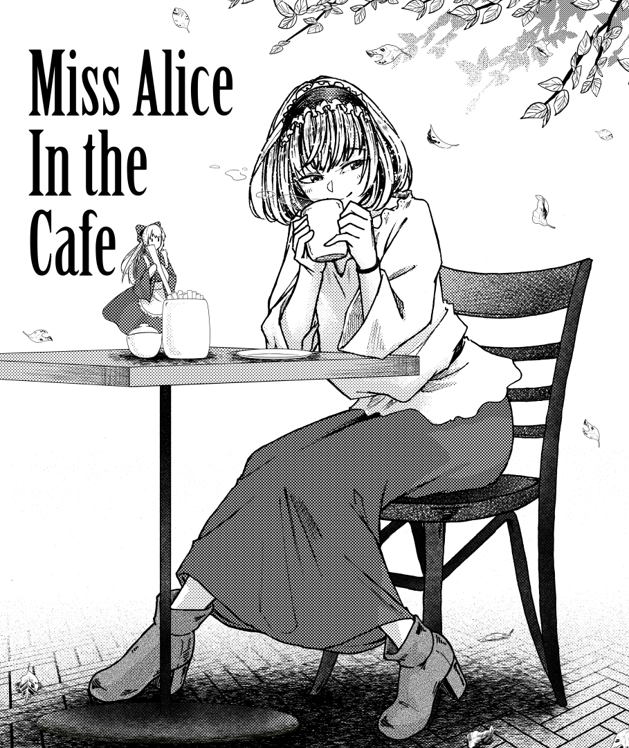 koyubi (littlefinger1988), alice margatroid, shanghai doll, touhou, alternate costume, bob cut, branch, chair, closed mouth, cup, english text, falling leaves, greyscale, hairband, high heels, holding, holding cup, leaf, long skirt, long sleeves, looking to the side, medium hair, monochrome, on chair, plate, sitting, skirt, smile, table