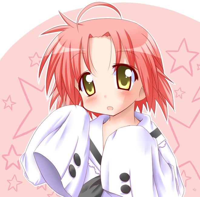 jun (aoerm), kogami akira, lucky star, 00s, 1girl, :o, ahoge, blush, buttons, female focus, hands in opposite sleeves, long sleeves, looking at viewer, open mouth, outline, oversized clothes, parted bangs, pink hair, school uniform, serafuku, short hair, solo, star (symbol), star symbol background, tareme, upper body, white outline, yellow eyes