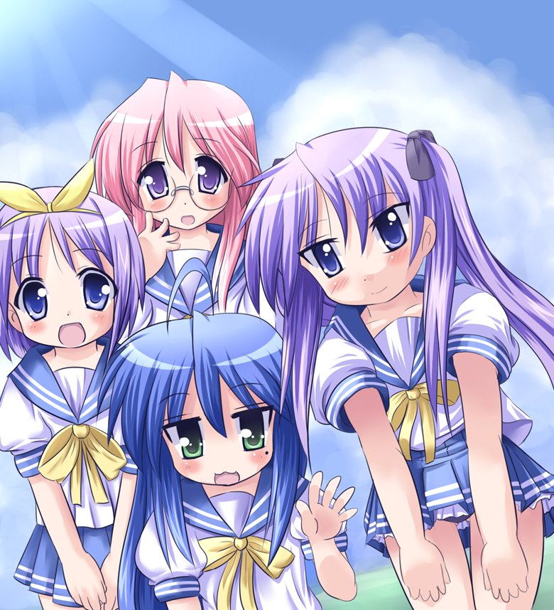 jun (aoerm), hiiragi kagami, hiiragi tsukasa, izumi konata, takara miyuki, lucky star, 00s, 4girls, blue eyes, blue hair, glasses, green eyes, long hair, mole, mole under eye, multiple girls, pink hair, purple eyes, purple hair, school uniform, serafuku, sisters, thighs, twins