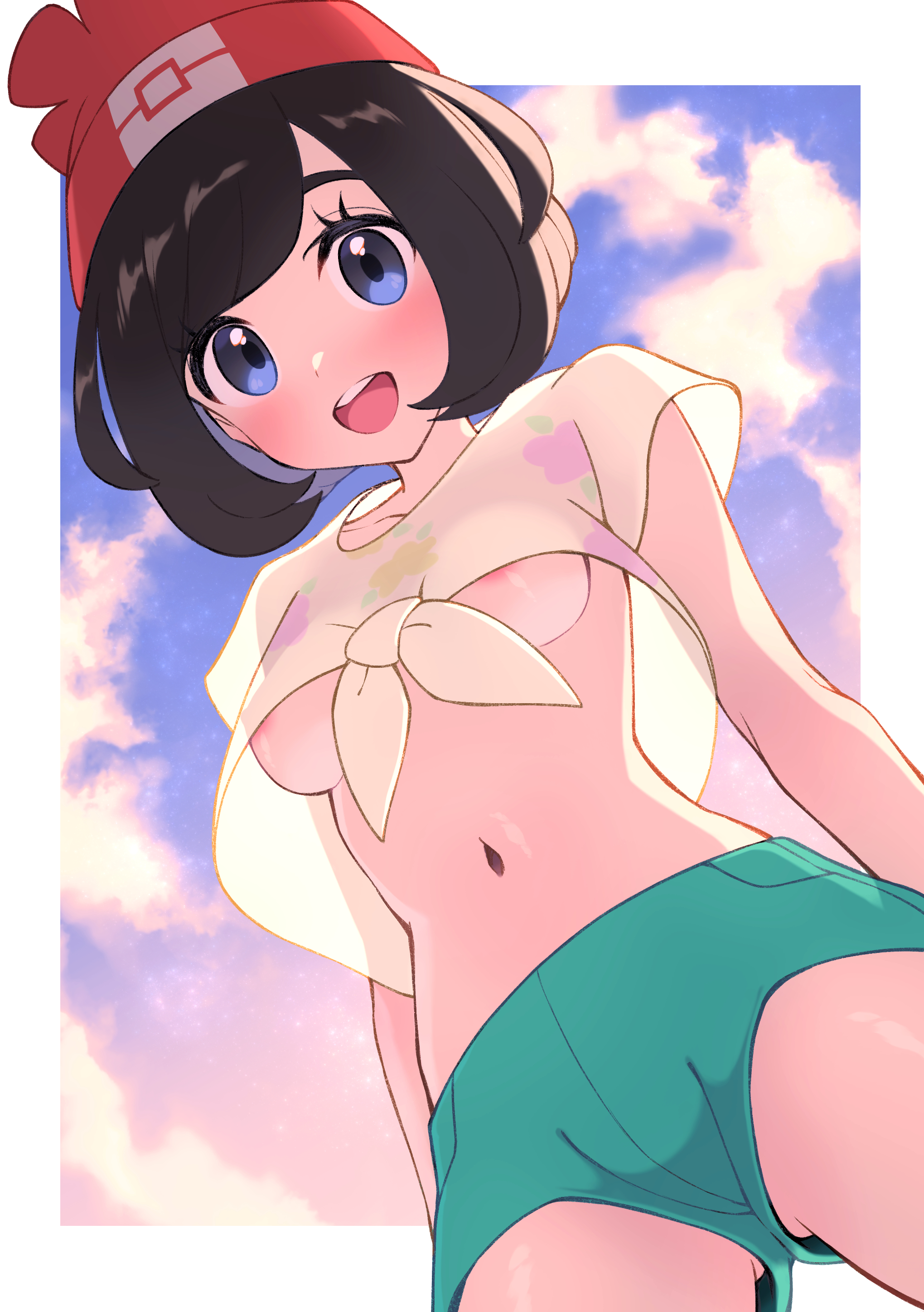 maki (letusgomaki), selene (pokemon), nintendo, pokemon, pokemon sm, absurdres, commentary request, highres, 1girl, :d, areola slip, beanie, black hair, blue eyes, breasts, cloud, eyelashes, green shorts, hat, looking down, medium hair, navel, open mouth, outdoors, print shirt, red hat, shirt, short shorts, shorts, sky, smile, solo, teeth, tied shirt, tongue, upper teeth only