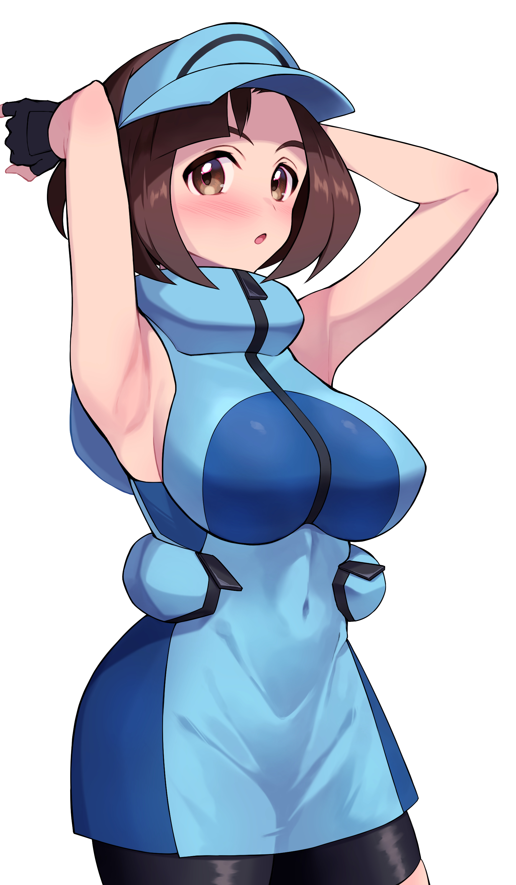 maki (letusgomaki), ace trainer (pokemon), nintendo, pokemon, pokemon sm, absurdres, commentary request, highres, 1girl, :o, armpits, bike shorts, black gloves, blue dress, blue hat, blush, breasts, brown eyes, brown hair, covered navel, cowboy shot, dress, fingerless gloves, gloves, hands up, hat, large breasts, open mouth, simple background, solo, visor cap, white background