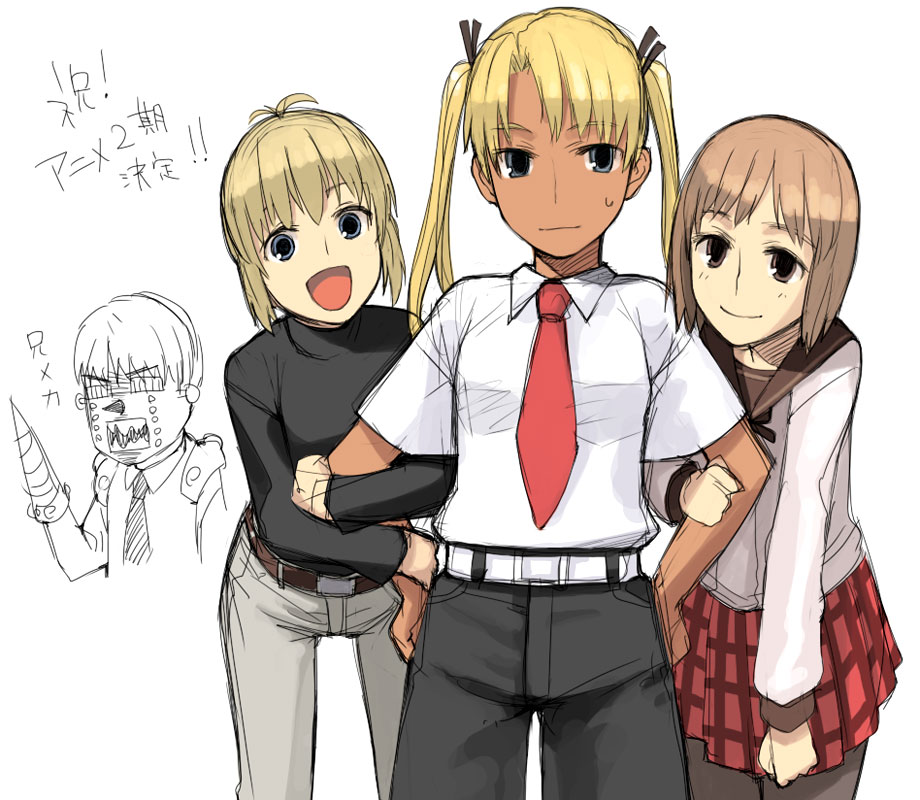 yu 65026, henrietta (gunslinger girl), rico (gunslinger girl), triela, gunslinger girl, translated, 3girls, announcement celebration, blonde hair, bob cut, multiple girls, pantyhose