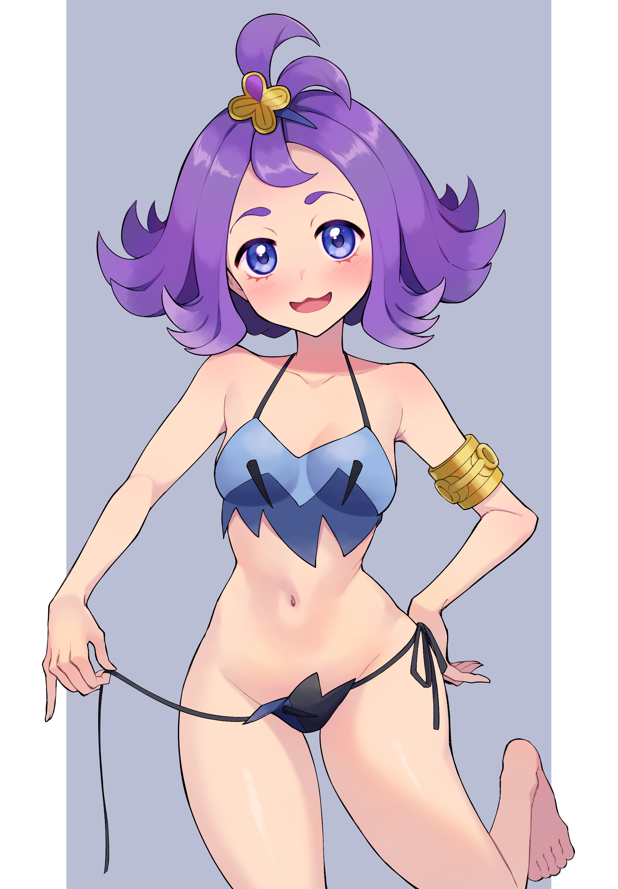 maki (letusgomaki), acerola (pokemon), nintendo, pokemon, pokemon sm, absurdres, commentary request, highres, 1girl, :3, :d, adapted costume, armlet, barefoot, bikini, blue eyes, blush, breasts, cleavage, collarbone, flipped hair, grey background, hair ornament, hairclip, jewelry, leg up, navel, open mouth, purple hair, side-tie bikini bottom, smile, solo, swimsuit, toes, tongue, topknot
