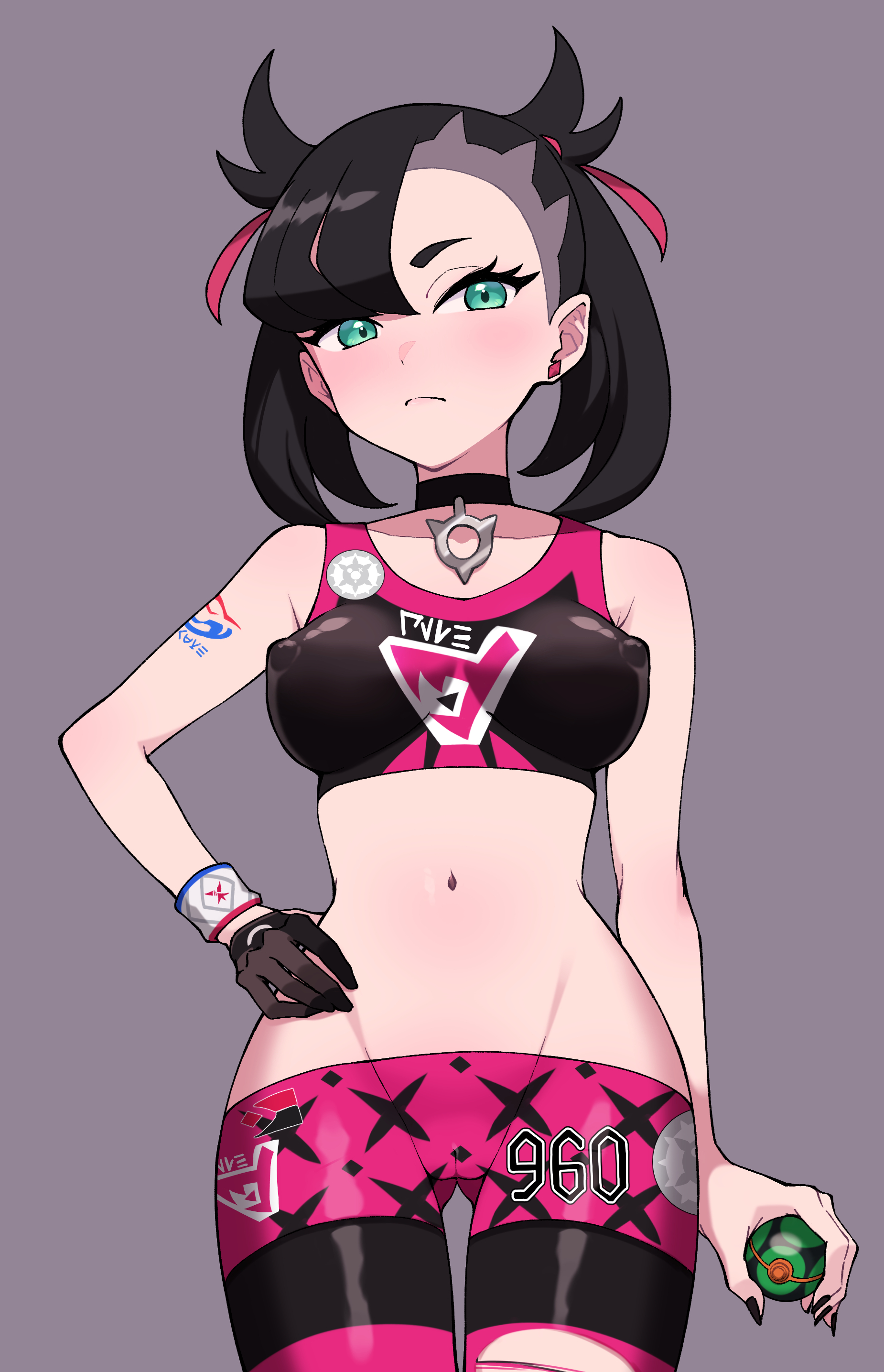 maki (letusgomaki), marnie (pokemon), nintendo, pokemon, pokemon swsh, absurdres, commentary request, highres, 1girl, arm tattoo, asymmetrical bangs, bike shorts, black hair, black nails, breasts, cameltoe, closed mouth, covered erect nipples, dusk ball, dynamax band, earrings, eyelashes, gloves, green eyes, grey background, hair ribbon, holding, holding poke ball, jewelry, leggings, medium hair, nail polish, navel, poke ball, ribbon, simple background, single glove, solo, sports bra, stomach, tattoo, torn clothes, torn leggings