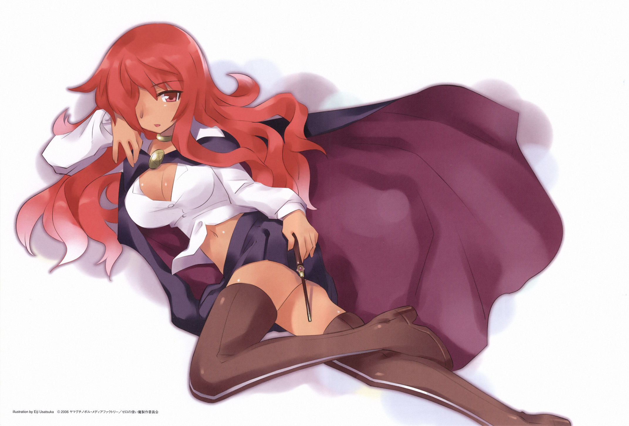 usatsuka eiji, kirche augusta frederica von anhalt zerbst, zero no tsukaima, highres, scan, 00s, 1girl, boots, breasts, cape, cleavage, dark-skinned female, dark skin, female focus, long legs, midriff, miniskirt, pentacle, red eyes, red hair, skirt, solo, thigh boots, thighhighs, wand, white background, zettai ryouiki