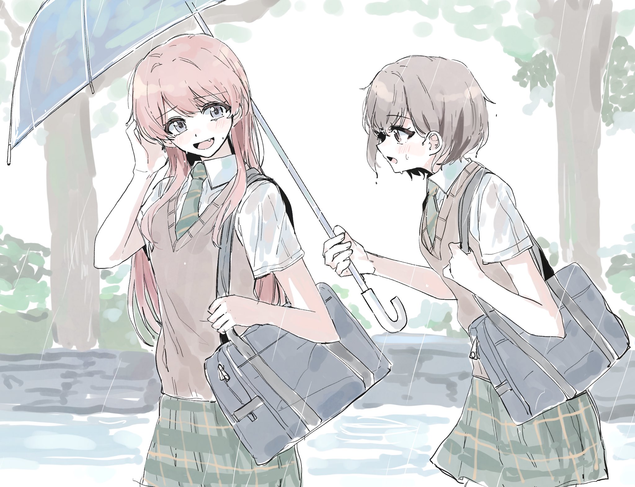 misumi suki, takamatsu tomori, bang dream!, bang dream! it's mygo!!!!!, commentary request, highres, 2girls, animal ears, bag, blue bag, blush, brown eyes, brown sweater vest, diagonal-striped clothes, diagonal-striped necktie, fang, green necktie, green skirt, grey eyes, grey hair, haneoka school uniform, holding, holding umbrella, long hair, multiple girls, necktie, open mouth, pink hair, plaid clothes, plaid skirt, rain, school bag, school uniform, shirt, short hair, short sleeves, shoulder bag, skirt, striped clothes, sweatdrop, sweater vest, umbrella, wet, white shirt