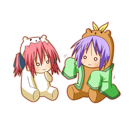 minami (colorful palette), bear tsukasa, bear yutaka, capybara-san, hiiragi tsukasa, kobayakawa yutaka, lucky star, lowres, 00s, 2girls, :3, animal costume, bear costume, chibi, hand to own mouth, multiple girls, o o, oversized clothes, purple hair, red hair, short hair, simple background, sitting