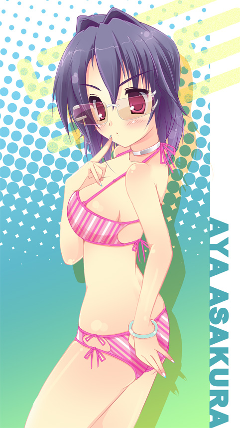 ayase hikaru, asakura aya, original, diagonal stripes, 1girl, :o, back, bikini, blue hair, blush, bracelet, breasts, choker, embarrassed, female focus, finger to mouth, fingernails, glasses, hair intakes, jewelry, large breasts, long fingernails, looking back, nail (hardware), nail polish, open mouth, pink bikini, pink eyes, pointing, shadow, short hair, side-tie bikini bottom, sideboob, solo, standing, striped bikini, striped clothes, swimsuit, vertical-striped bikini, vertical-striped clothes