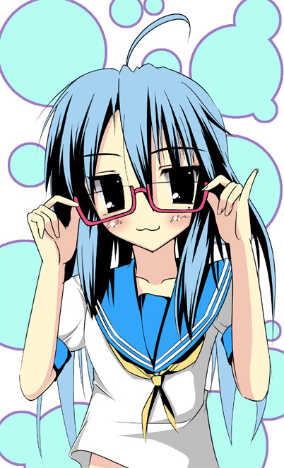 ayase hikaru, izumi konata, lucky star, 00s, 1girl, :3, adjusting eyewear, ahoge, bespectacled, female focus, glasses, high contrast, mole, mole under eye, pinky out, school uniform, serafuku, solo
