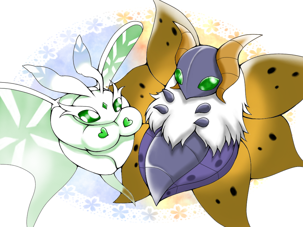 frosmoth, volcarona, nintendo, pokemon, alternate color, bug, gen 5 pokemon, gen 8 pokemon, green eyes, insect, kohakutoshion, moth, no humans, pokemon (creature), shiny pokemon
