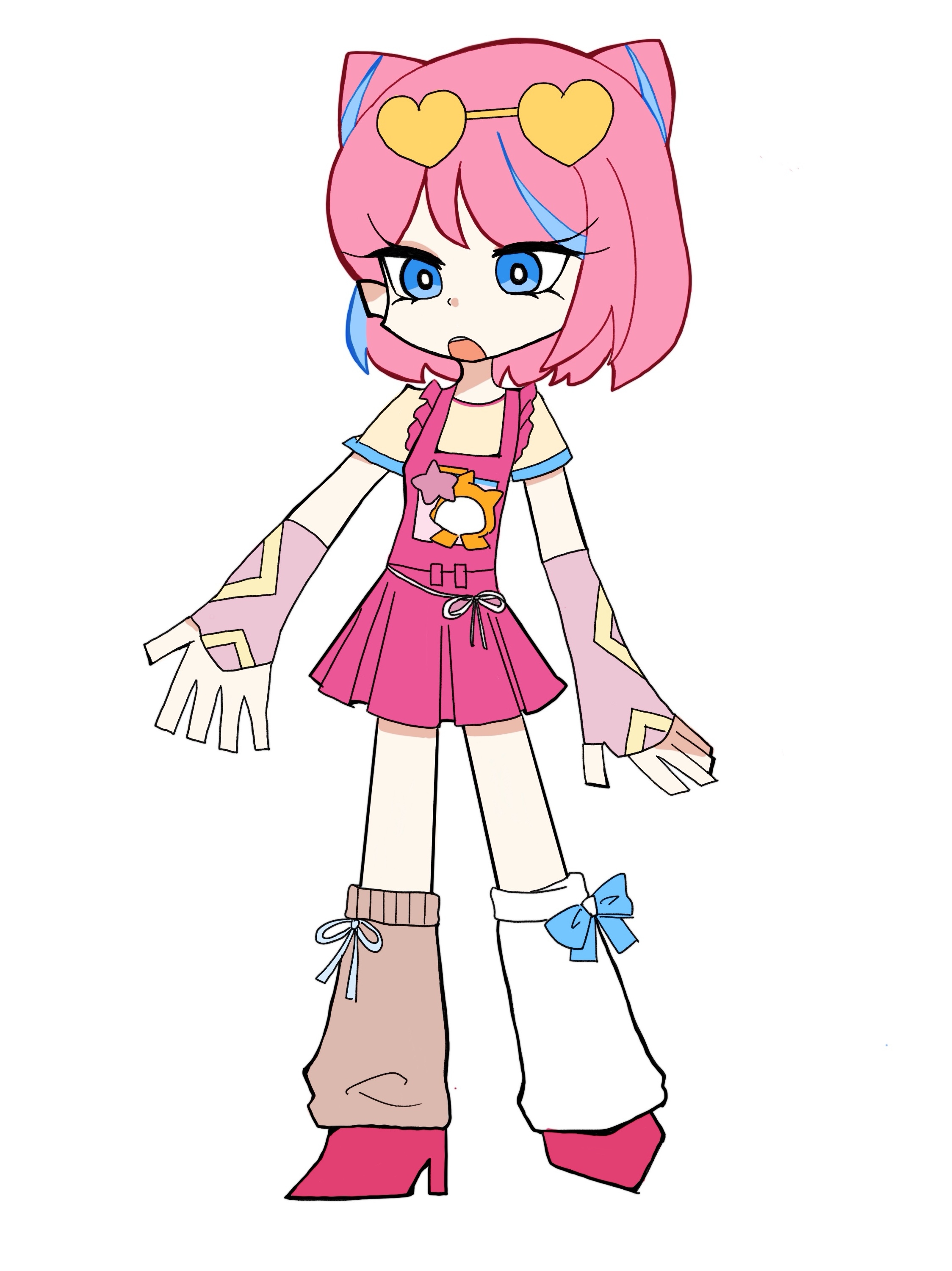 momo (nikki), sweet rhapsody (infinity nikki), infinity nikki, nikki (series), panty & stocking with garterbelt, absurdres, highres, 1girl, asymmetrical legwear, blue bow, blue eyes, boots, bow, bow legwear, bright pupils, brown leg warmers, character print, cone hair bun, double bun, dress, expressionless, eyelashes, eyeshadow, eyewear on head, flat color, frilled dress, frills, full body, hair bun, heart, heart-shaped eyewear, high heel boots, high heels, leg warmers, looking ahead, makeup, mismatched legwear, multicolored hair, open mouth, parody, pinafore dress, pink arm warmers, pink boots, pink dress, pink eyeshadow, pink hair, pleated dress, ribbon, ribbon legwear, shirt, short dress, short hair, short sleeves, simple background, sleeveless, sleeveless dress, solo, standing, streaked hair, style parody, sunglasses, t-shirt, tachi-e, teeth, tinted eyewear, upper teeth only, vitamin e, waist ribbon, white background, white leg warmers, white pupils, white ribbon, yellow-framed eyewear, yellow-tinted eyewear, yellow shirt