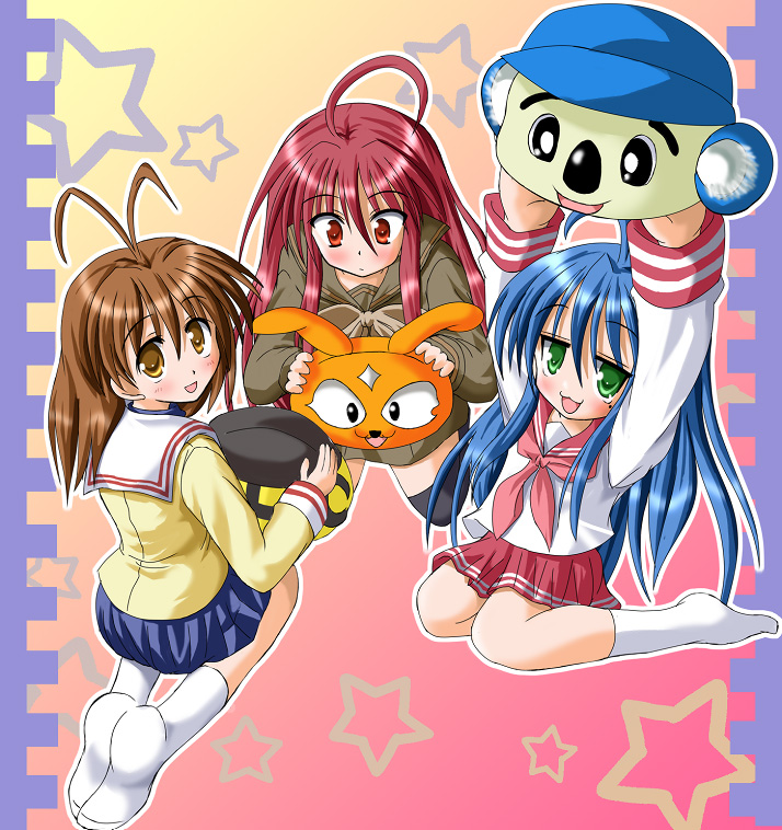 hiiragi tomoka, furukawa nagisa, izumi konata, shana, clannad, lucky star, shakugan no shana, 00s, ahoge, antenna hair, blue eyes, brown eyes, brown hair, crossover, green eyes, long hair, mascot, mascots, pillow, red eyes, red hair, school uniform, serafuku, short hair