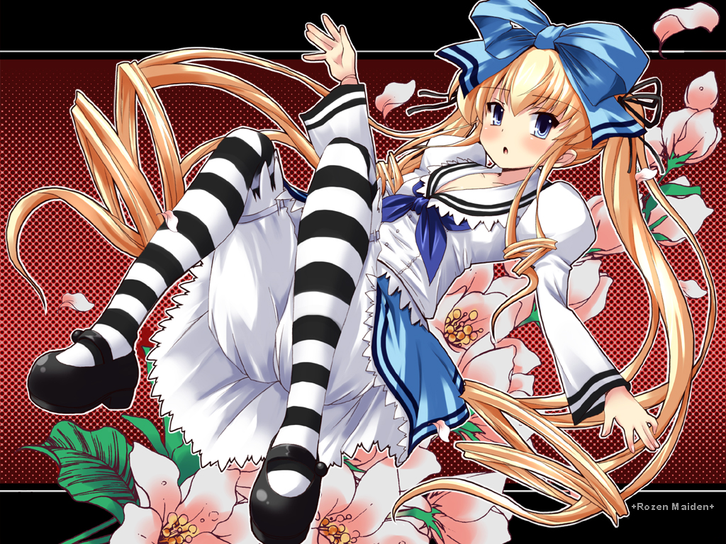shinshin, shinku, rozen maiden, 00s, alternate costume, bow, flower, pantyhose, solo, striped clothes, striped pantyhose, thighhighs