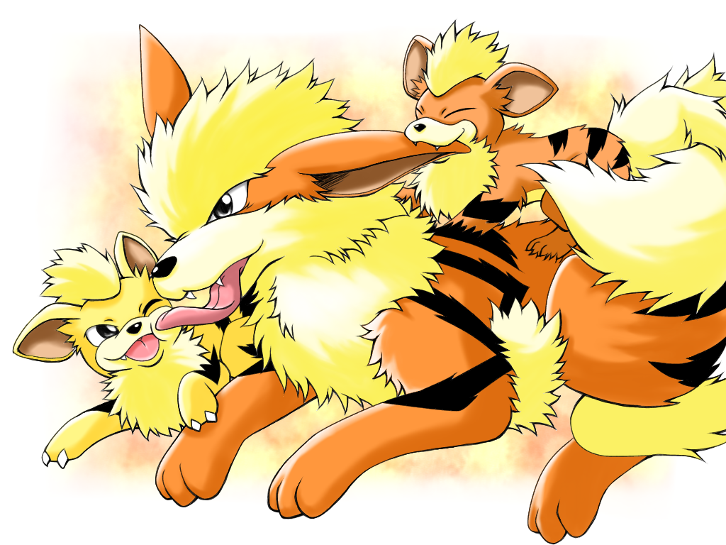 arcanine, growlithe, nintendo, pokemon, biting ear, ;d, animal on back, biting, black eyes, closed eyes, dog, evolutionary line, gen 1 pokemon, kohakutoshion, licking, no humans, one eye closed, open mouth, pokemon (creature), smile