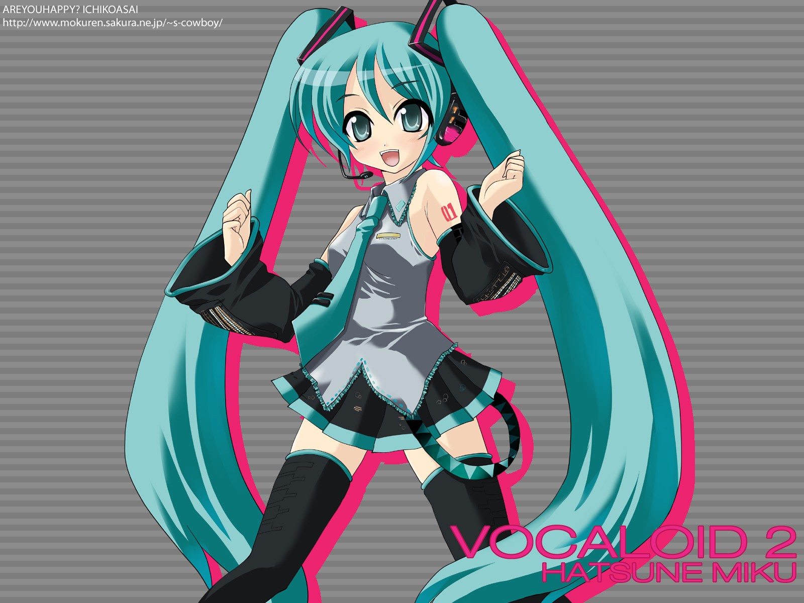 asai ichiko, hatsune miku, vocaloid, highres, 1girl, aqua hair, aqua necktie, black thighhighs, blouse, character name, collared shirt, copyright name, female focus, frilled shirt, frills, grey background, grey shirt, hair between eyes, long hair, necktie, shirt, sleeveless, sleeveless shirt, solo, standing, tattoo, thighhighs, twintails, very long hair, watermark, web address, zettai ryouiki