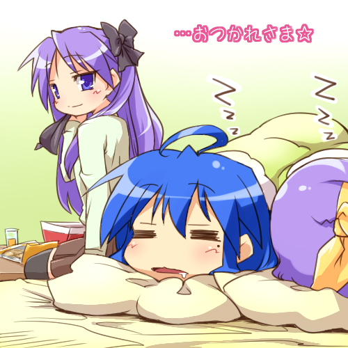 hairu, hiiragi kagami, hiiragi tsukasa, izumi konata, lucky star, lowres, 00s, 3girls, = =, ahoge, black thighhighs, blue eyes, blue hair, bow, closed eyes, hair bow, hair down, hair ribbon, long hair, looking back, lying, mole, mole under eye, multiple girls, open mouth, purple hair, ribbon, saliva, siblings, sisters, sitting, sleeping, smile, thighhighs, tongue, tsurime, twins, zettai ryouiki