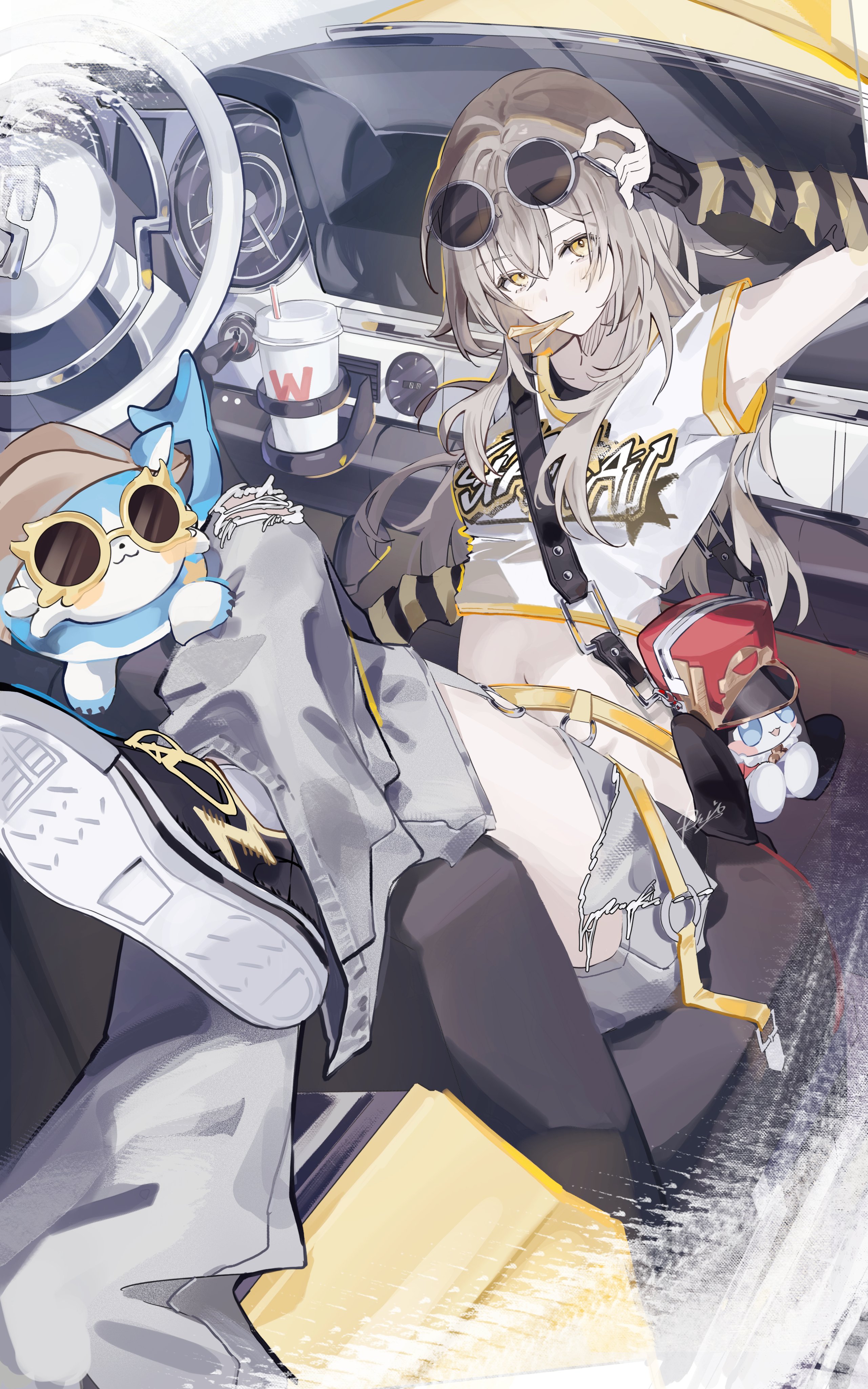 ren (renjiyu), pom-pom (honkai: star rail), stelle (honkai: star rail), trailblazer (honkai: star rail), honkai: star rail, honkai (series), absurdres, highres, 1girl, alternate costume, black shoes, bubbles (honkai: star rail), crossed legs, cup, disposable cup, eyewear on head, grey hair, long hair, looking at viewer, midriff, mouth hold, navel, pants, round eyewear, shirt, shoes, short sleeves, solo, streetwear, striped arm warmers, torn clothes, torn pants, white shirt, yellow eyes