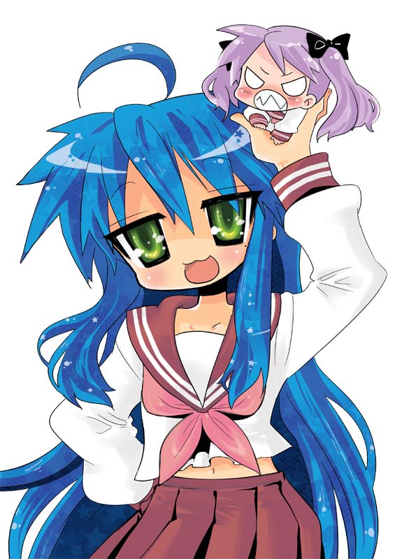 hiiragi kagami, izumi konata, lucky star, 00s, 2girls, :d, angry, blue hair, chibi, collar, empty eyes, green eyes, in palm, long hair, long sleeves, mini person, minigirl, mole, mole under eye, multiple girls, open mouth, pink hair, pleated skirt, red skirt, school uniform, serafuku, sharp teeth, shirt, simple background, skirt, smile, teeth, very long hair, white background, white shirt