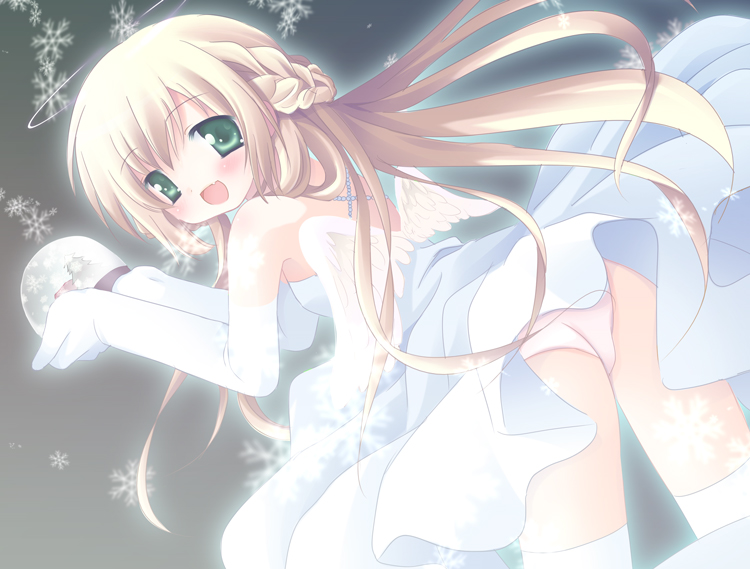 natsume eri, original, 1girl, angel, blonde hair, clothes lift, dress, dress lift, elbow gloves, female focus, gloves, green eyes, holding, holding snow globe, long hair, panties, pantyshot, snow, snow globe, snowflakes, snowing, solo, thighhighs, underwear, upskirt, wings