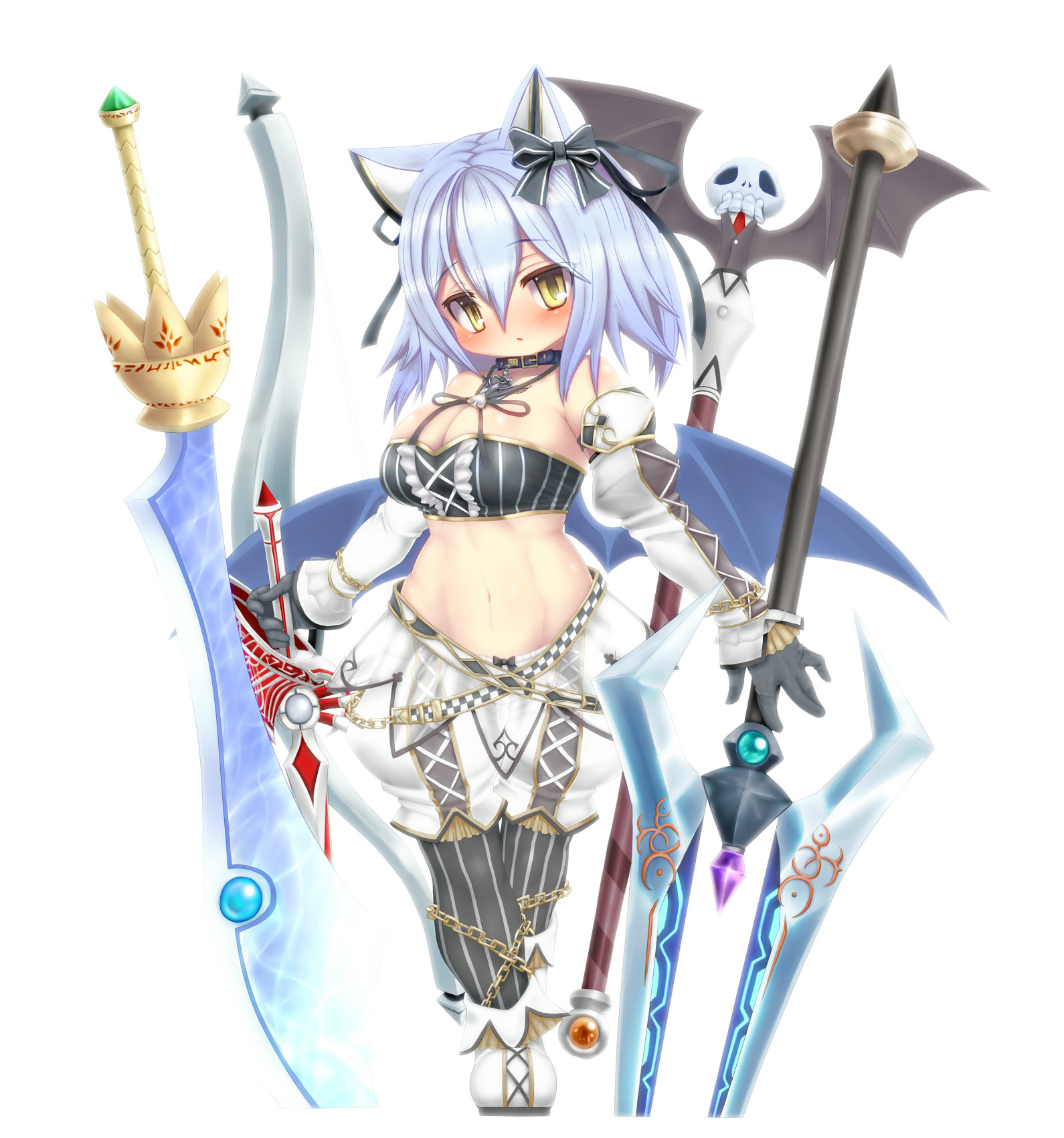 rafoll, emil chronicle online, highres, 1girl, alternate costume, animal ears, bat ears, bat girl, bat wings, bikini, black bikini, black ribbon, blue hair, blue wings, boots, breasts, cleavage, curvy, delucky alma, detached sleeves, hair ribbon, halterneck, holding, holding knife, knife, large breasts, navel, pants, polearm, ribbon, solo, spear, staff, standing, striped clothes, striped thighhighs, swimsuit, sword, thighhighs, weapon, white background, white boots, white pants, white sleeves, wings, yellow eyes