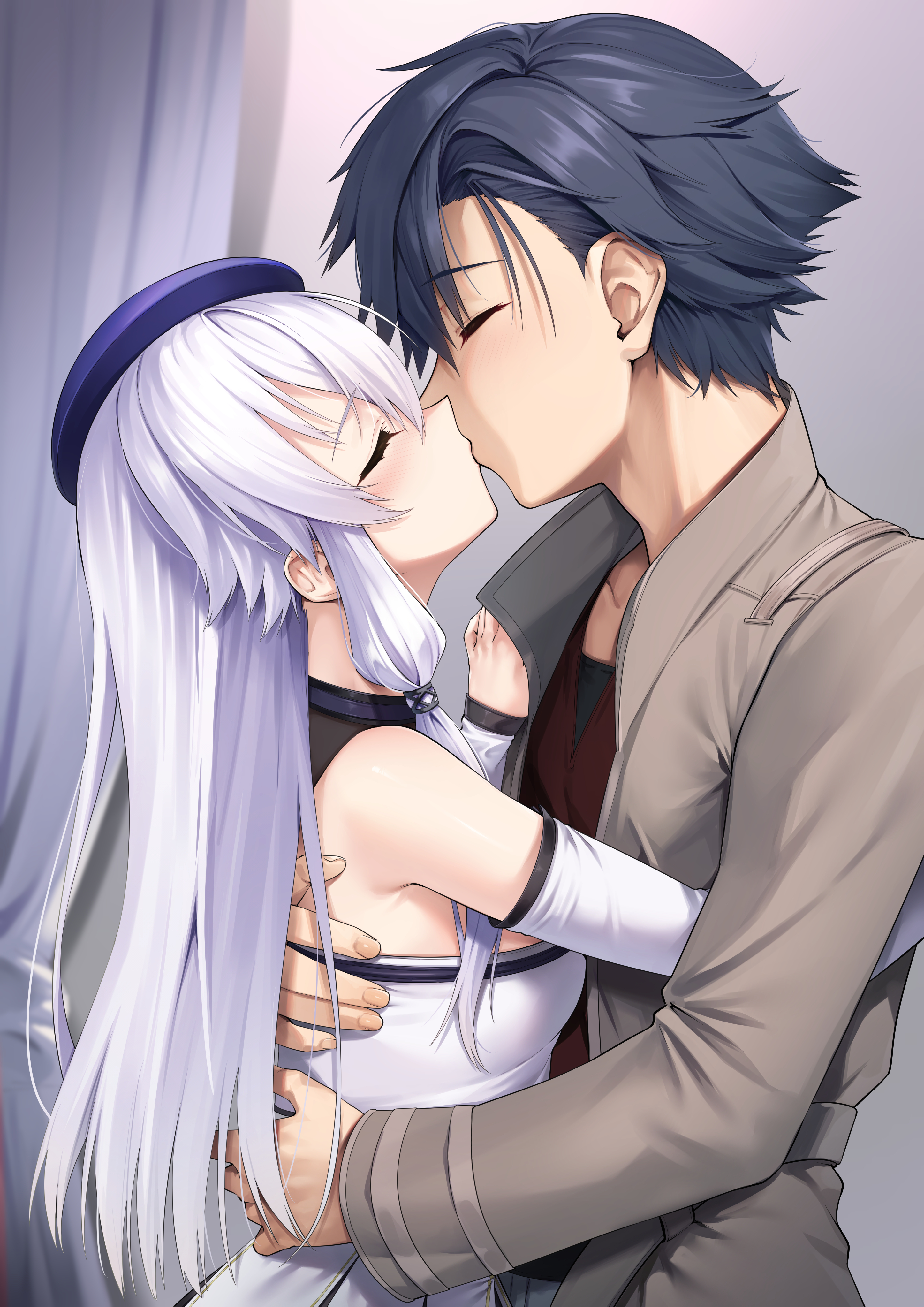 henria, altina orion, rean schwarzer, eiyuu densetsu, kai no kiseki, kuro no kiseki (series), absurdres, commentary request, commission, highres, skeb commission, 1boy, 1girl, beret, black hair, blue hat, blush, brown jacket, closed eyes, couple, detached sleeves, dress, facing another, gloves, hat, hetero, hug, indoors, jacket, kiss, long hair, open clothes, open jacket, short hair, sidelocks, white dress, white gloves, white hair