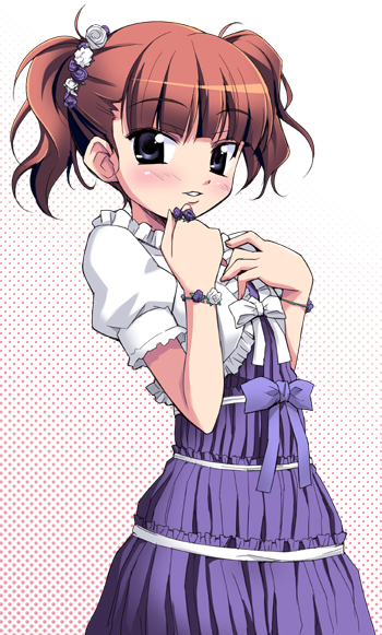 nippori, original, 1girl, blue skirt, blush, brown eyes, brown hair, cowboy shot, dress, female focus, finger to mouth, hair bobbles, hair ornament, hand on own chest, high-waist skirt, shirt, short hair, short sleeves, simple background, skirt, solo, thinking, twintails, white background, white shirt