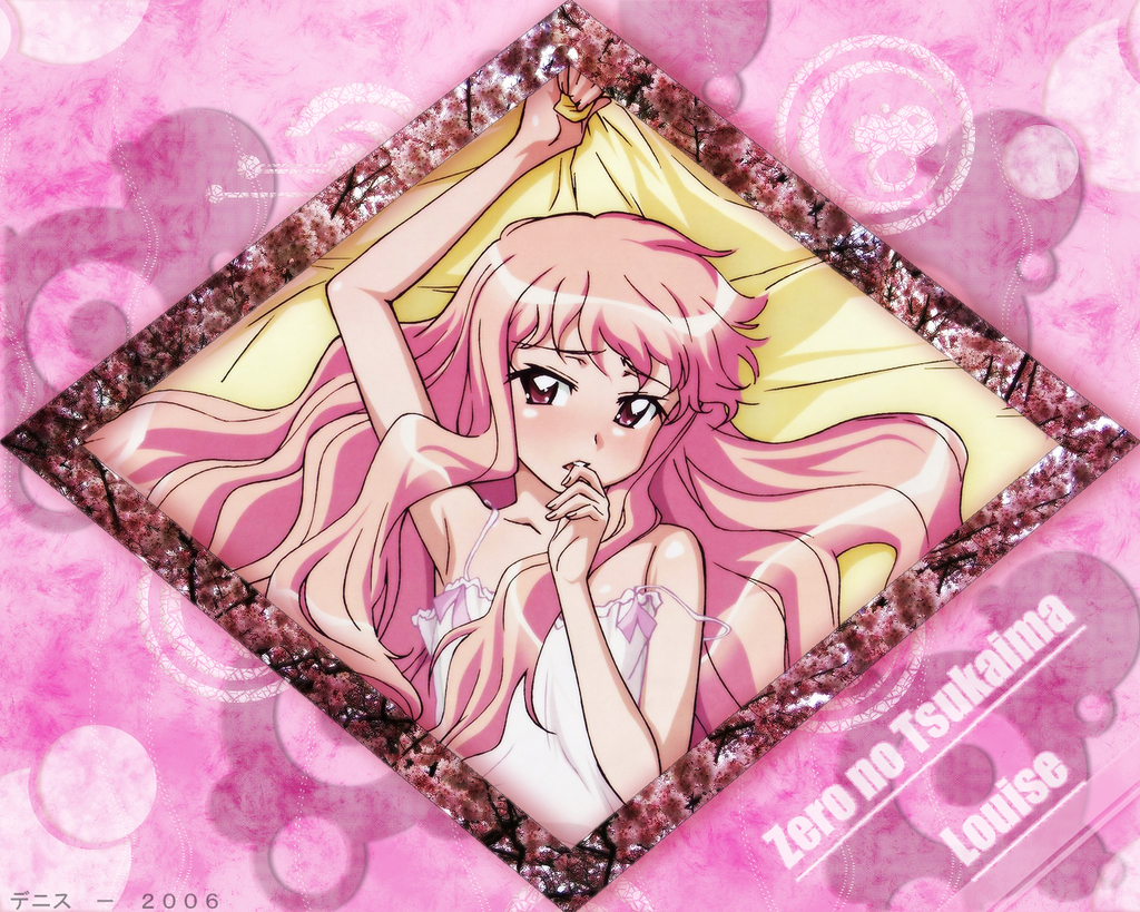 louise francoise le blanc de la valliere, zero no tsukaima, artist request, 00s, 1girl, blush, camisole, lingerie, long hair, lying, pink eyes, pink hair, underwear