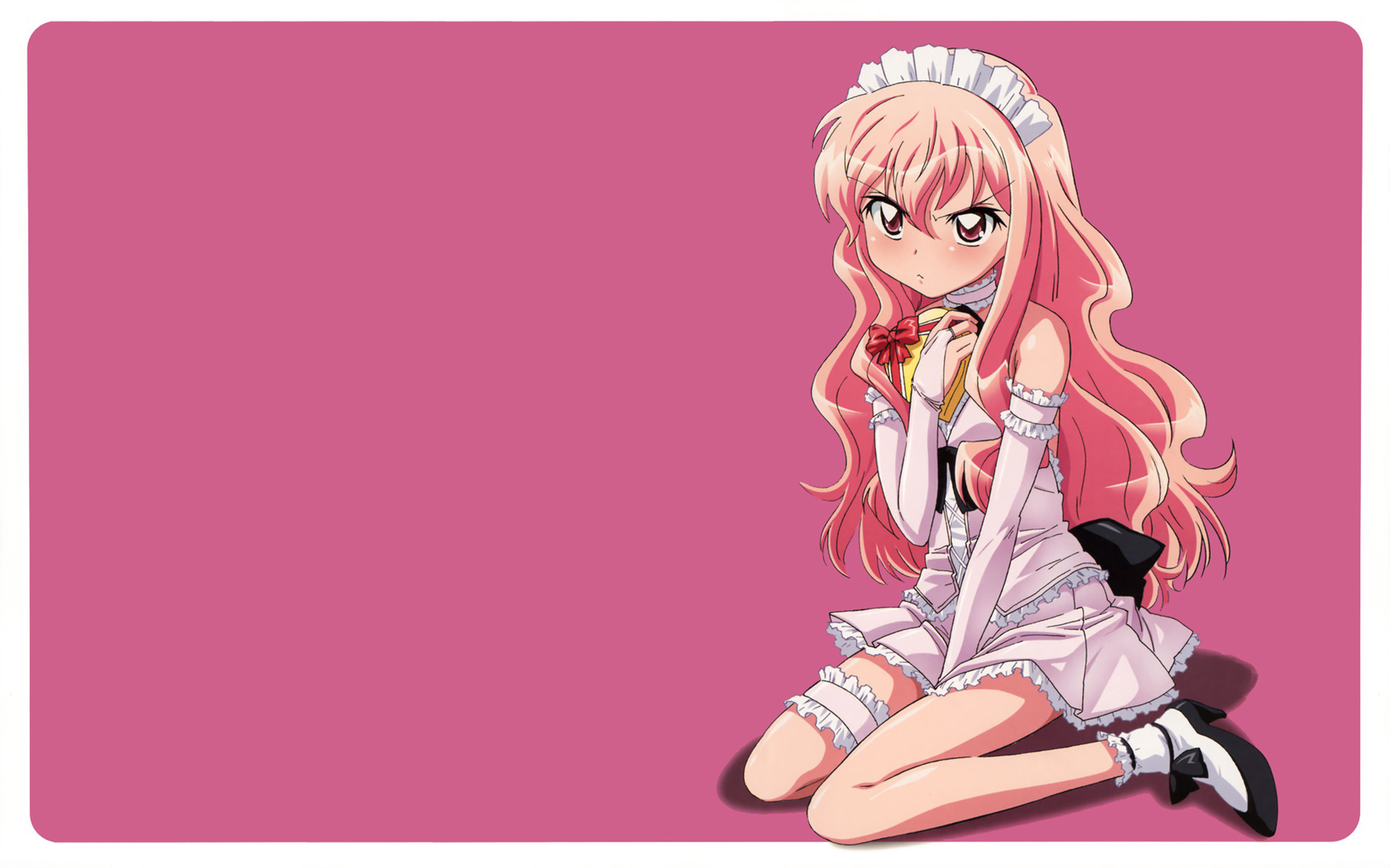 louise francoise le blanc de la valliere, zero no tsukaima, artist request, highres, 00s, bridal gauntlets, kneeling, long hair, pink eyes, pink hair, valentine