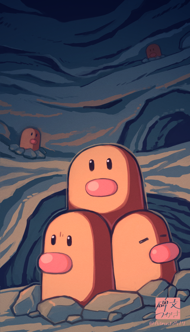 hibun tsukasa, diglett, dugtrio, nintendo, pokemon, black eyes, cave, gen 1 pokemon, indoors, no humans, pokemon (creature), twitter username
