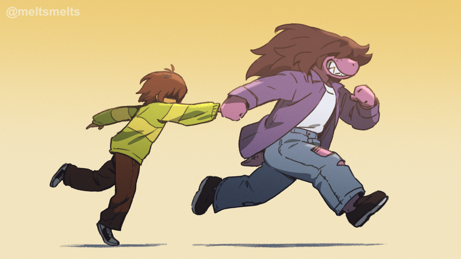 meltsmelts, kris (deltarune), susie (deltarune), deltarune, utdr (toby fox), animated, animated gif, highres, looping animation, 1girl, 1other, brown hair, colored skin, denim, hair over eyes, holding hands, jacket, jeans, pants, purple skin, reptile girl, sharp teeth, smile, sweater, teeth, torn clothes, torn jeans, torn pants