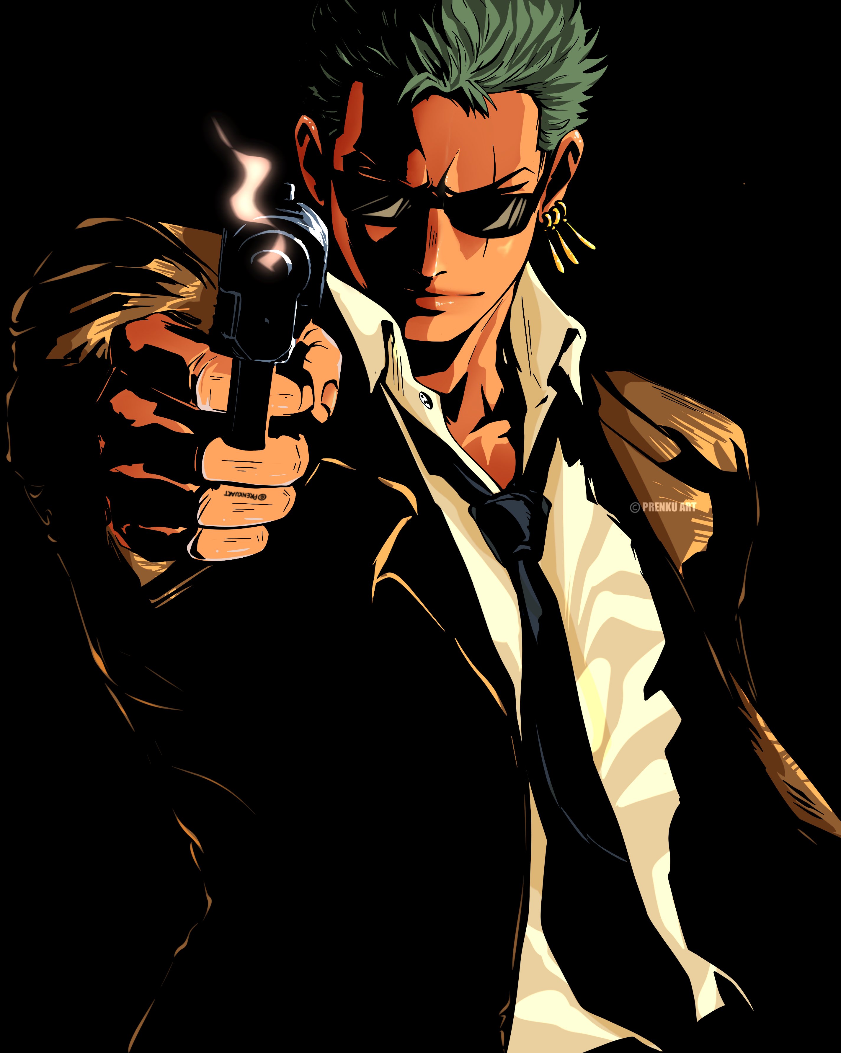 prenkuchan, roronoa zoro, one piece, absurdres, commentary, highres, 1boy, aiming, aiming at viewer, black background, black necktie, collared shirt, earrings, green hair, gun, holding, holding gun, holding weapon, jewelry, looking at viewer, male focus, necktie, scar, scar across eye, scar on face, shirt, short hair, simple background, smile, smoke, solo, sunglasses, twitter username, upper body, v-shaped eyebrows, weapon, white shirt