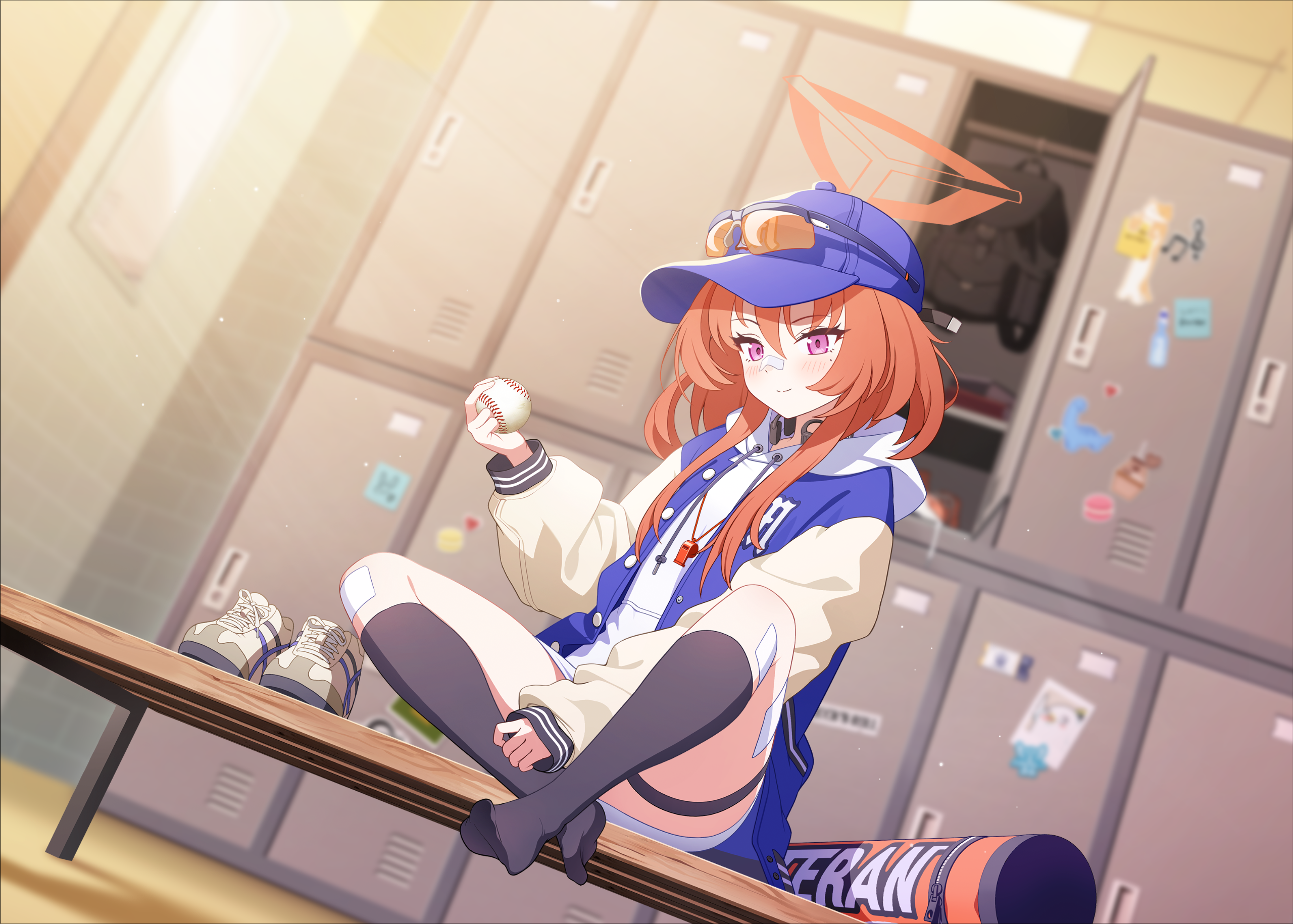 jehyun, rei (blue archive), blue archive, game cg, highres, official art, 1girl, baseball, baseball cap, bench, black socks, blue hat, blurry, blush, closed mouth, dutch angle, eyewear on headwear, gauze, gauze on leg, gauze on nose, gauze on thigh, hair between eyes, halo, hat, holding, hood, hoodie, indian style, indoors, jacket, letterman jacket, locker, locker room, long hair, long sleeves, looking at viewer, mole, mole under eye, open clothes, orange-tinted eyewear, orange hair, orange halo, purple eyes, shoes, sitting, smile, socks, solo, sports sunglasses, sunglasses, thigh strap, tinted eyewear, unworn shoes, whistle, whistle around neck, white hoodie