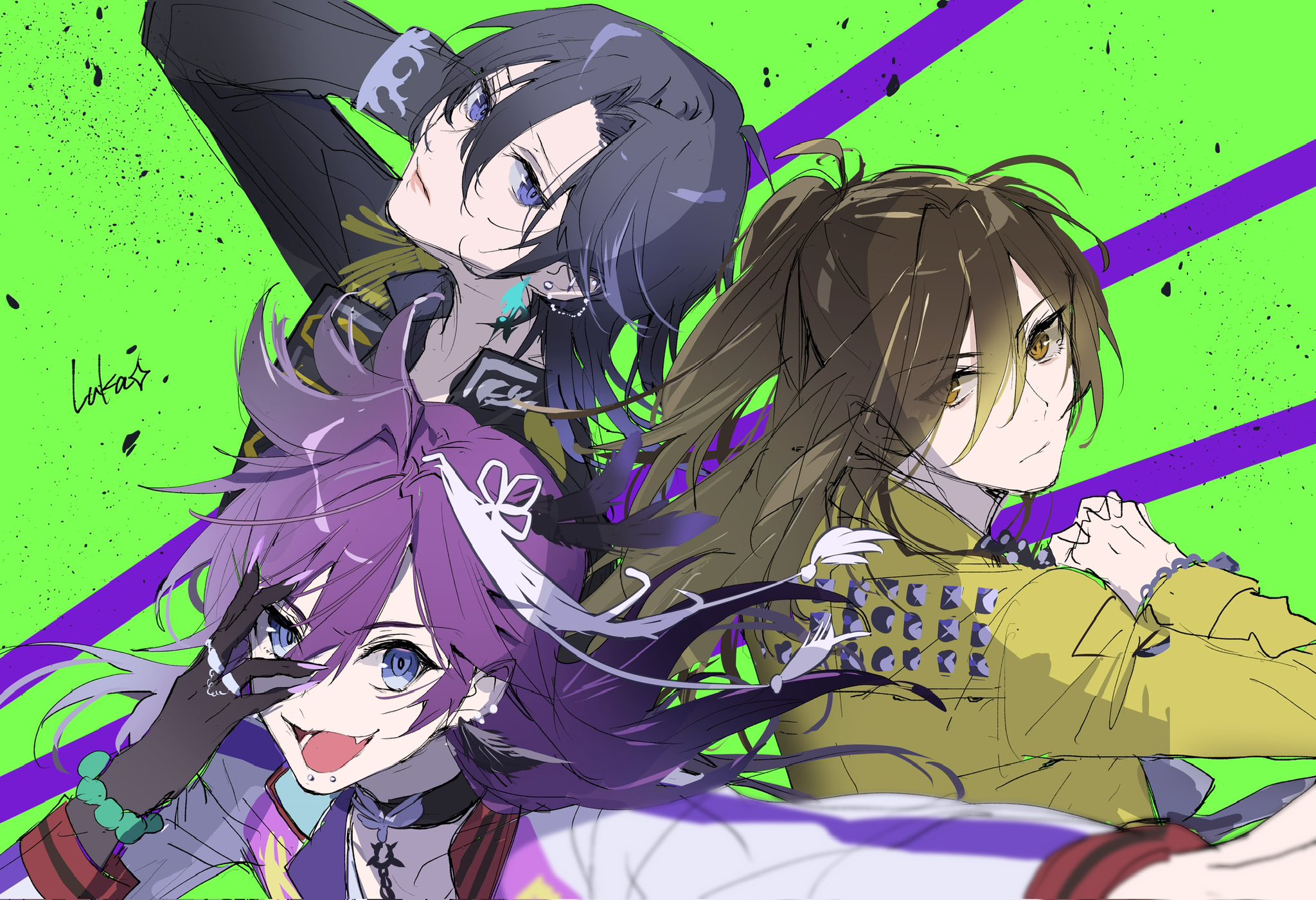 luka ooooo, banzoin hakka, unnamed (utaite), holostars, holostars english, indie utaite, highres, 1other, 2boys, :d, alternate costume, artist name, back-to-back, bead bracelet, beads, black choker, black hair, black jacket, black skin, blue eyes, bracelet, brown hair, chain, chain bracelet, chin piercing, choker, closed mouth, colored extremities, colored skin, cracking knuckles, curtained hair, ear chain, earrings, epaulettes, face piercing, fang, feather earrings, feather hair ornament, feathers, green background, hair between eyes, hair ornament, half updo, hand on own ear, hand over eye, ireisu, jacket, jewelry, lapels, letterman jacket, linked piercing, long hair, long hair between eyes, long sleeves, looking at viewer, looking back, medium hair, multicolored hair, multiple boys, multiple rings, nail polish, open clothes, open jacket, open mouth, pendant choker, piercing, pink lips, portrait, purple hair, purple nails, ring, single hair intake, sleeve cuffs, smile, spiked jacket, streaked hair, striped background, utaite, v-shaped eyebrows, virtual youtuber, white hair, white jacket, yellow eyes, yellow jacket, yusuke (ireisu)
