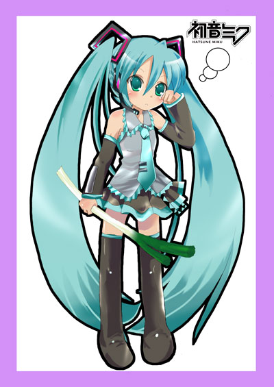 massala, hatsune miku, vocaloid, 1girl, aqua hair, aqua necktie, black thighhighs, blouse, blue eyes, boots, character name, collared shirt, detached sleeves, female focus, food, frilled shirt, frills, full body, grey shirt, hair between eyes, headphones, long hair, microphone, necktie, shirt, skirt, sleeveless, sleeveless shirt, solo, spring onion, standing, thigh boots, thighhighs, twintails, vegetable, very long hair, zettai ryouiki