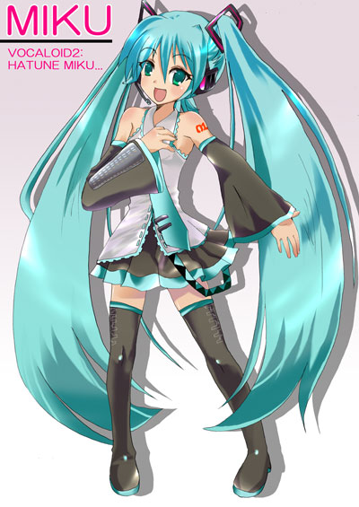 massala, hatsune miku, vocaloid, 1girl, aqua hair, aqua necktie, black thighhighs, blouse, boots, character name, collared shirt, copyright name, female focus, frilled shirt, frills, gradient background, grey background, grey shirt, hair between eyes, long hair, necktie, shirt, sleeveless, sleeveless shirt, solo, standing, tattoo, thigh boots, thighhighs, twintails, very long hair, zettai ryouiki