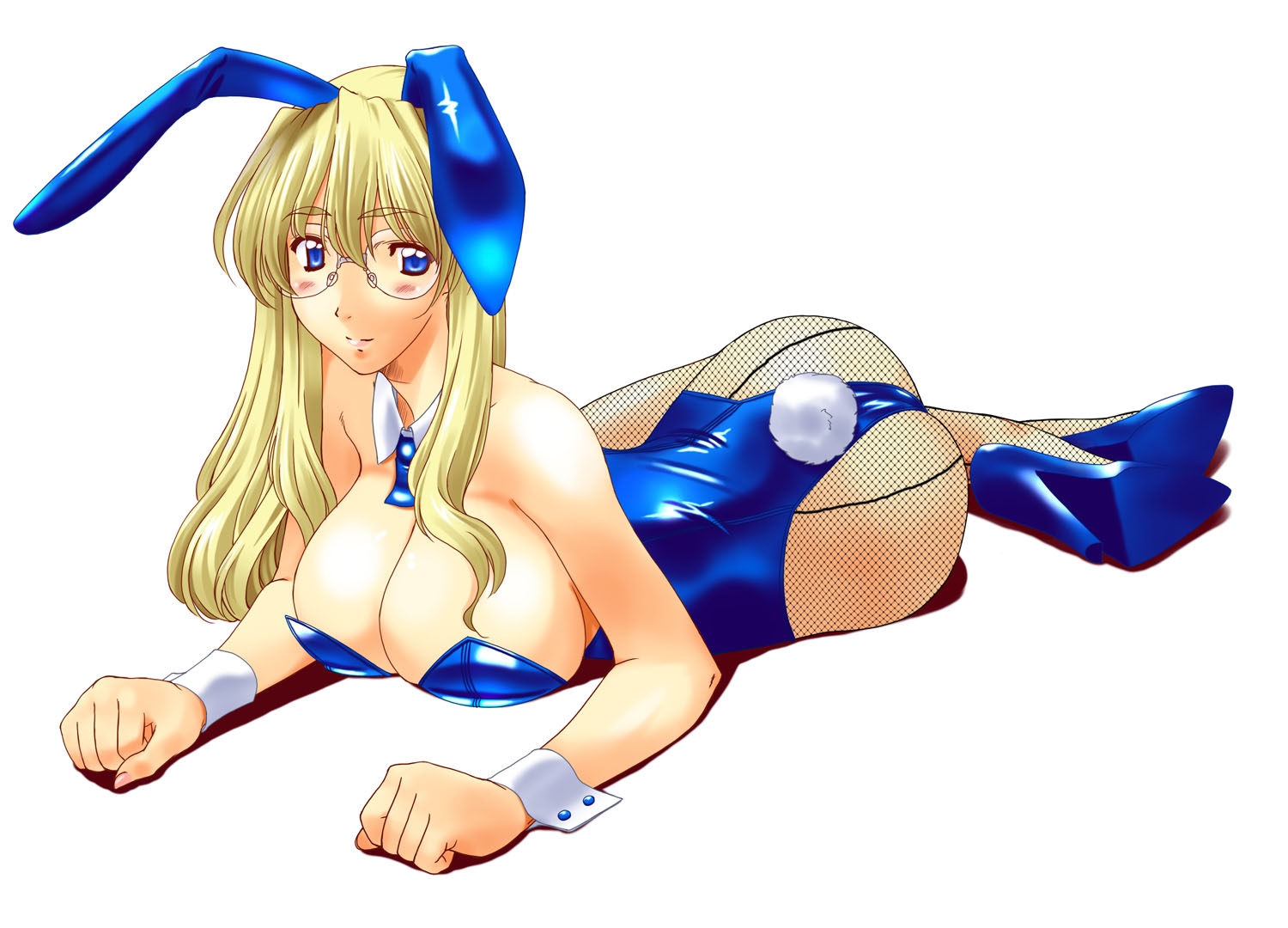 kamia (not found), sugino miyo, original, 1girl, animal ears, blonde hair, blue eyes, breasts, cleavage, fake animal ears, female focus, fishnet pantyhose, fishnets, glasses, large breasts, leotard, long hair, pantyhose, playboy bunny, rabbit ears, solo, wrist cuffs