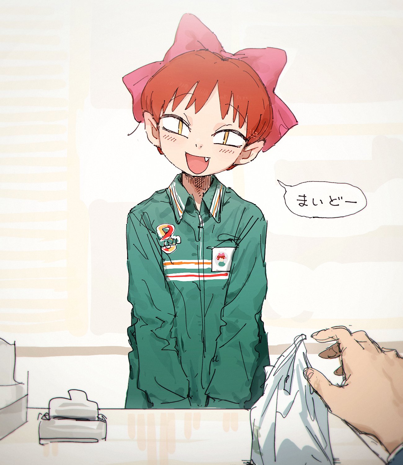 nendo23, nekomusume, nekomusume (gegege no kitarou 5), 7-eleven, gegege no kitarou, highres, translation request, 1girl, 1other, :d, bag, bow, brand name imitation, call bell, cash register, checkout (shopping), counter, fang, green jacket, hair bow, head tilt, id card, indoors, jacket, logo parody, long sleeves, looking at viewer, open mouth, pink bow, plastic bag, pointy ears, pov, pov hands, red hair, short hair, slit pupils, smile, solo focus, speech bubble, upper body, yellow eyes