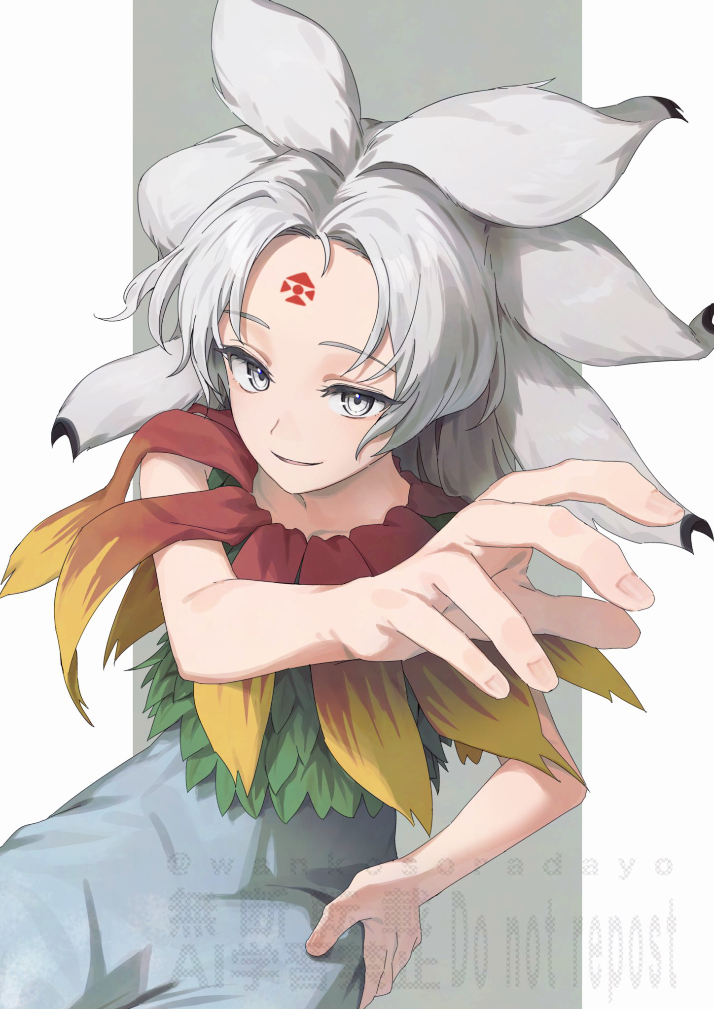 wanko sora, houjuu chimi, touhou, highres, 1girl, cowboy shot, dress, facial mark, feather necklace, fingernails, forehead mark, green leaf, grey eyes, hand on own hip, hand up, happy, jewelry, leaf clothing, long hair, necklace, parted lips, red leaf, sleeveless, sleeveless dress, solo, white hair