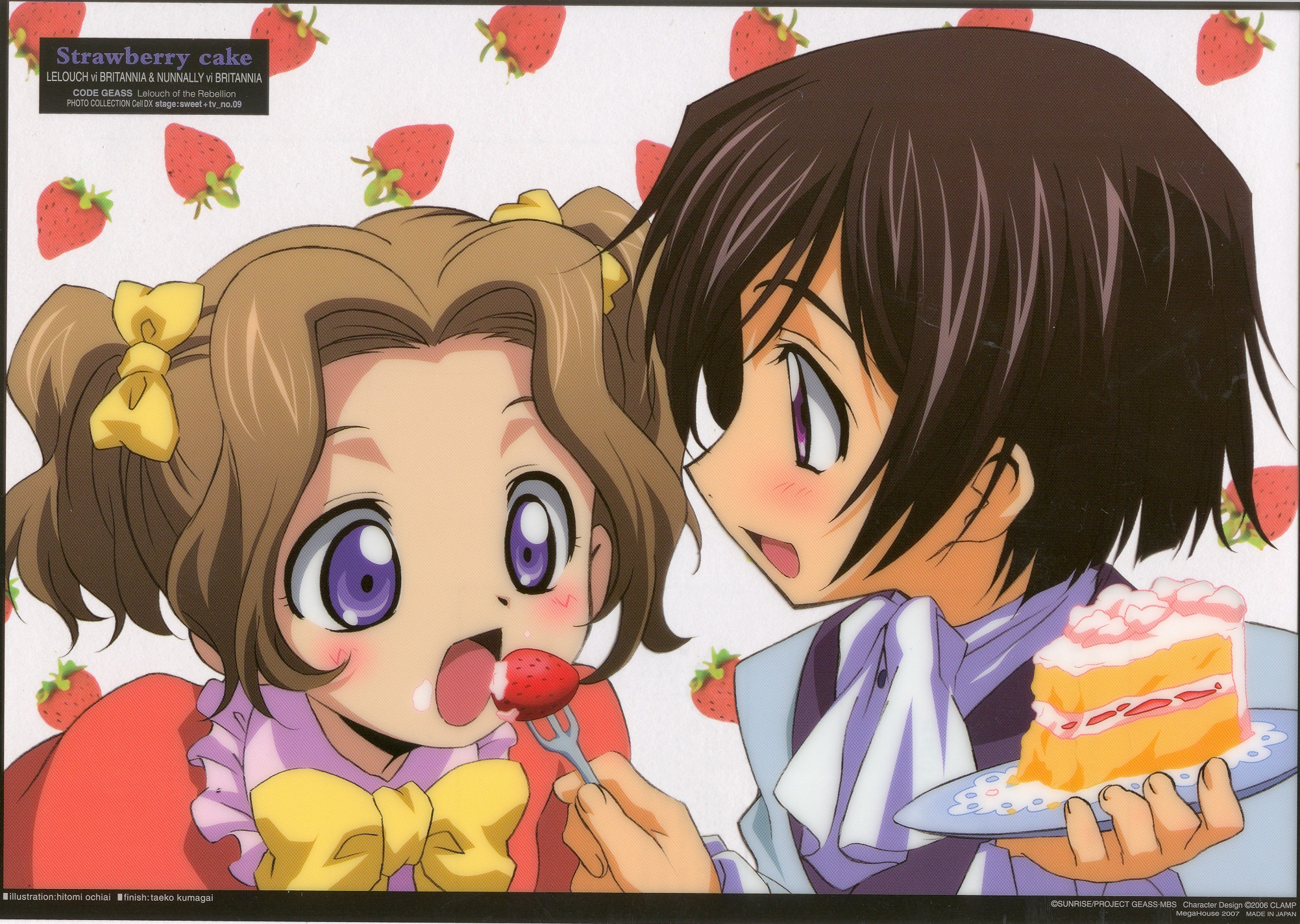 ochiai hitomi, lelouch vi britannia, nunnally vi britannia, code geass, highres, scan, 00s, 1boy, 1girl, aged down, black hair, blush, bow, brother and sister, brown hair, cake, feeding, food, fruit, hair bow, pastry, purple eyes, siblings, strawberry