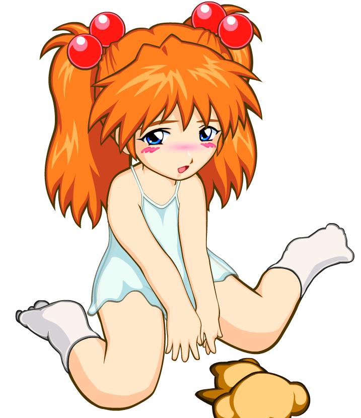 souryuu asuka langley, neon genesis evangelion, 1girl, aged down, blue eyes, blush, child, female focus, full body, hair bobbles, hair ornament, looking at viewer, open mouth, orange hair, see-through clothes, simple background, sitting, socks, solo, white background