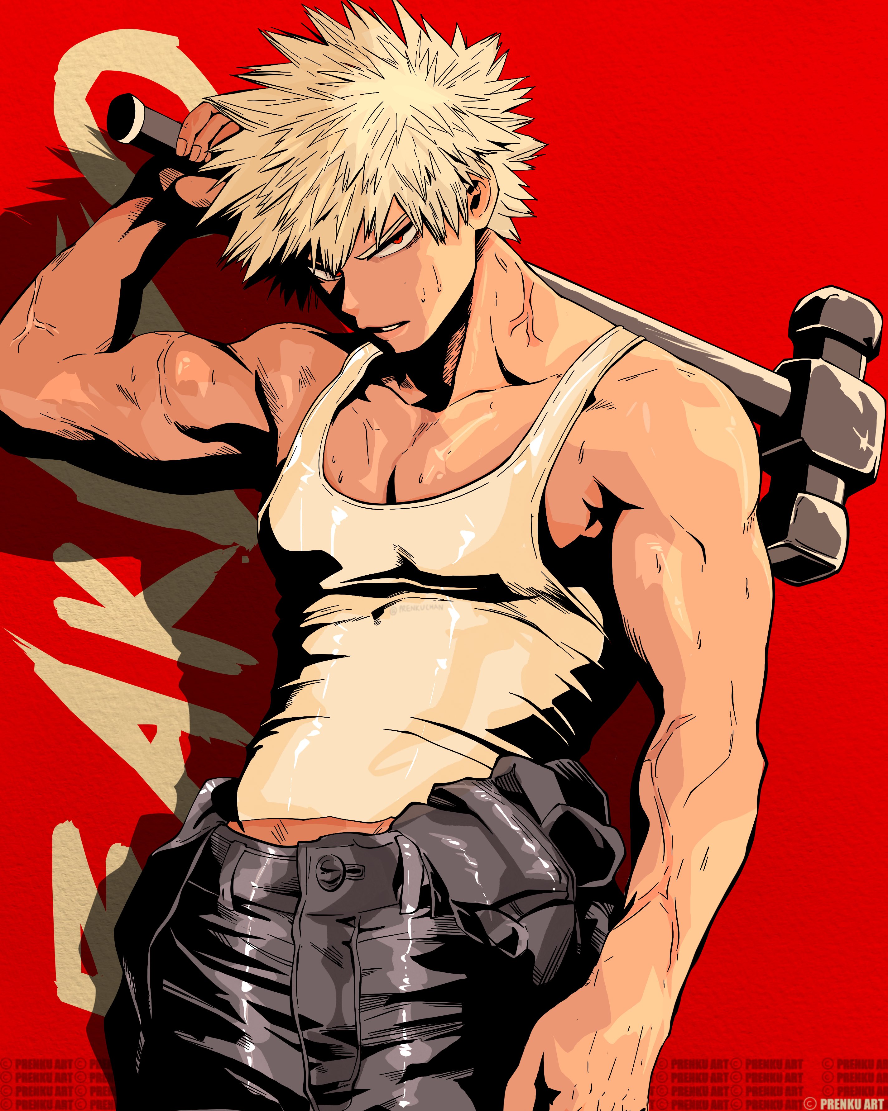 prenkuchan, bakugou katsuki, boku no hero academia, absurdres, commentary, english commentary, highres, 1boy, cowboy shot, holding, holding weapon, looking at viewer, male focus, muscular, muscular male, red background, red eyes, shadow, short hair, simple background, solo, sweatdrop, tank top, veins, weapon, white hair, white tank top